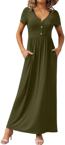 GRECERELLE Womens Summer Long Maxi Dresses 2026 Short Sleeve V Neck Casual Button Dress with Pockets