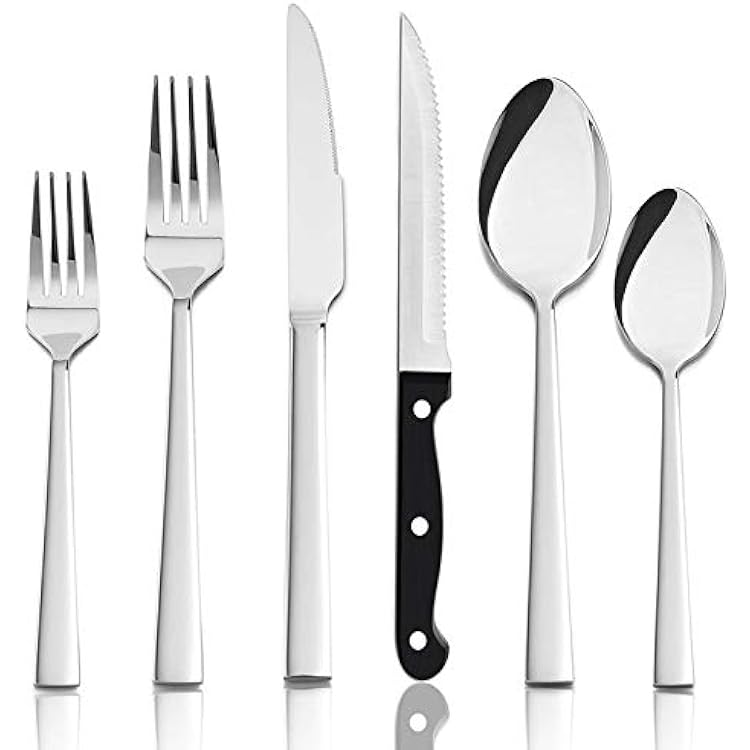 HaWare 24-Piece Silverware Set with Steak Knives, Solid Stainless Steel Modern Elegant Flatware Utensils, Ergonomically Designed, Mirror Polished & Dishwasher Safe