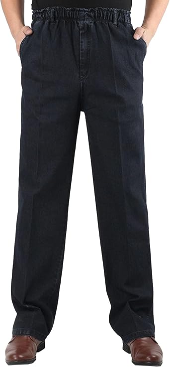 Mens Elastic Waist Jeans Denim Pants Slim Fit Stretch Jeans Casual Loose Fit
