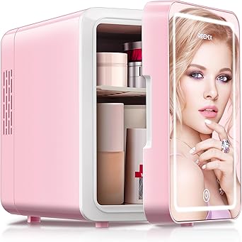 Reemix Skincare Fridge, 6L Makeup Mini Fridge With Dimmable LED Light Mirror for Bedroom, Car, Office & Dorm, Cooler & Warmer, Small Refrigerator for Cosmetics, Skin Care and Food 6L Mirror, Pink