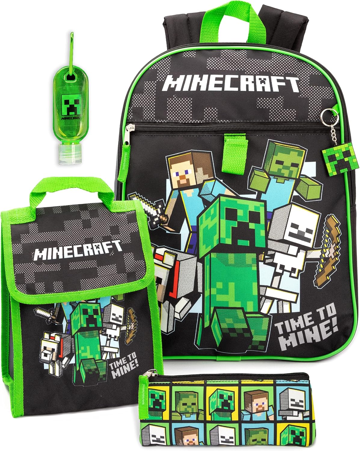 Minecraft Rucksack für Kinder 5-teilig Creeper Zombie School Lunch Bag Gamer Schwarz one size Minecraft - Thematisch